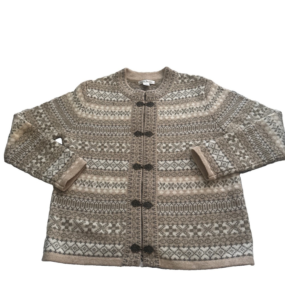 VTG‎ Susan Bristol Sweater Women Medium Brown Wool Cardigan Fair Isle Hook & Eye